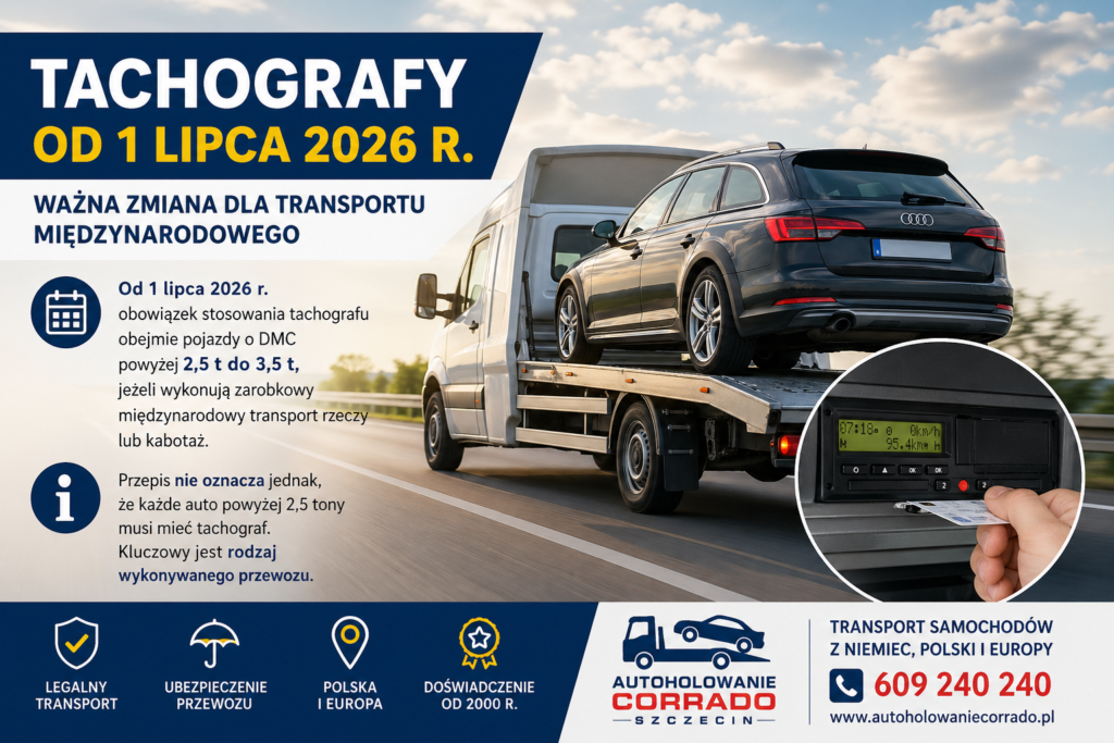 Grafika informacyjna o obowiązku tachografu od 1 lipca 2026 roku dla pojazdów powyżej 2,5 tony w międzynarodowym transporcie rzeczy