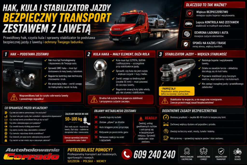 Hak, kula haka i stabilizator jazdy przy bezpiecznym ciągnięciu lawety