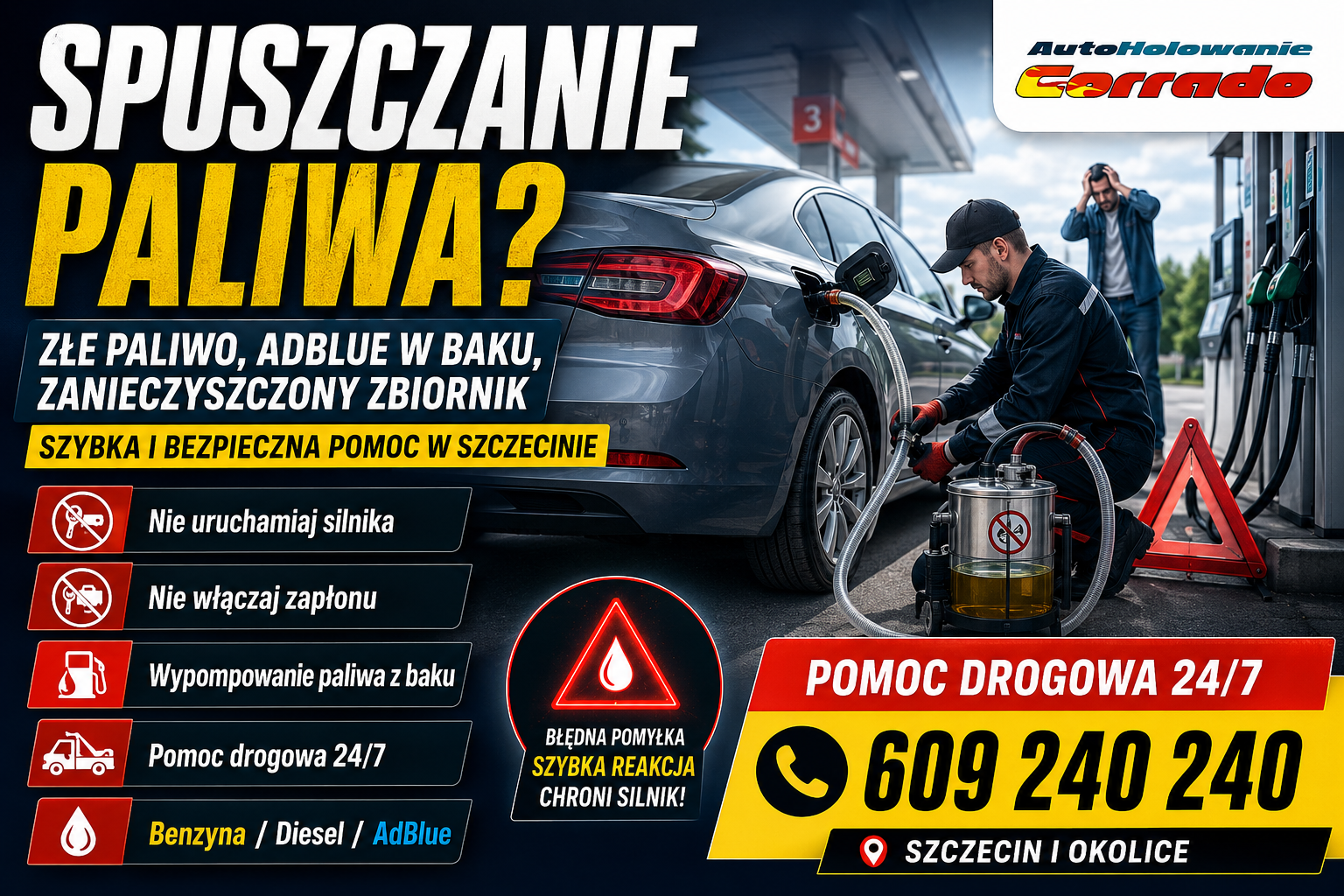 Spuszczanie paliwa Szczecin – złe paliwo, AdBlue w baku i wypompowywanie paliwa z samochodu