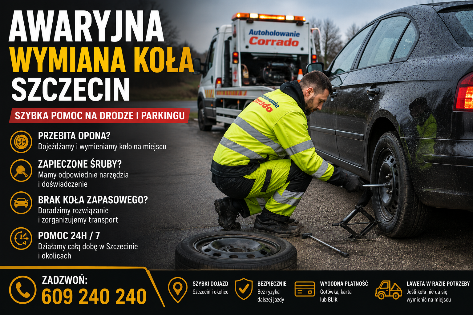 Awaryjna wymiana koła Szczecin – pomoc przy przebitej oponie na drodze