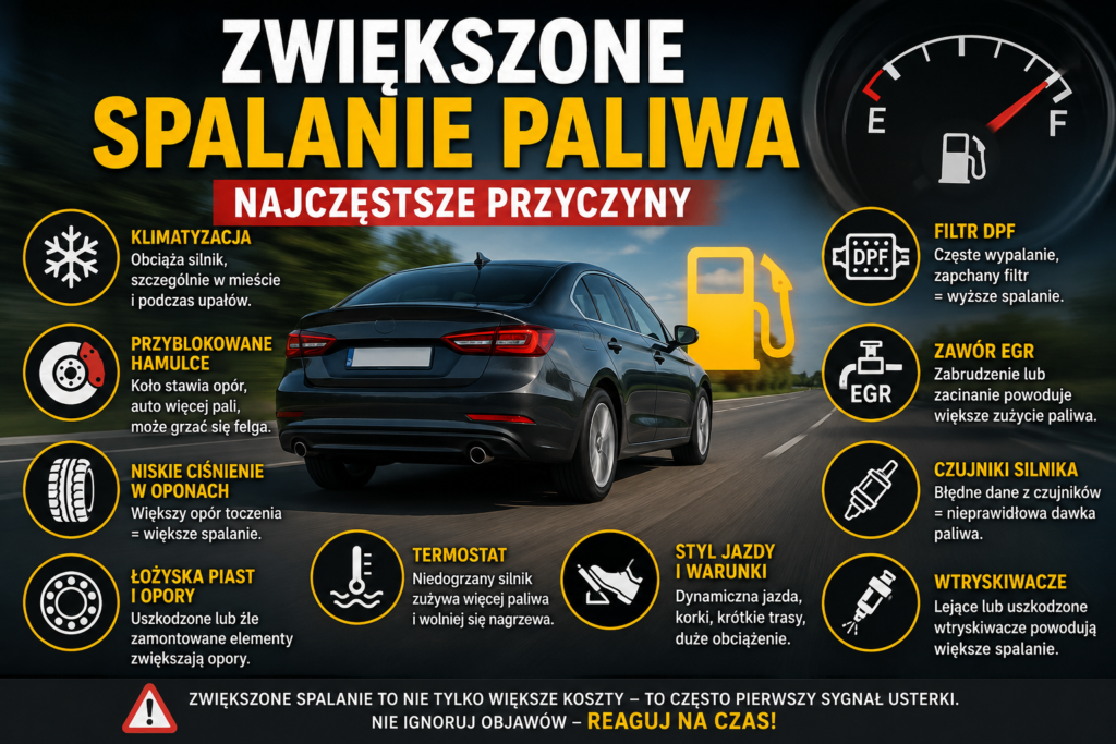 zwiększone spalanie paliwa przyczyny samochód na drodze