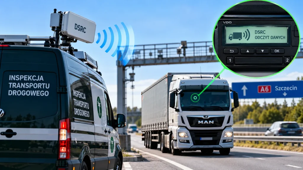 Zdalna kontrola tachografów przez ITD – odczyt danych DSRC z ciężarówki podczas jazdy na A6 w Szczecinie.